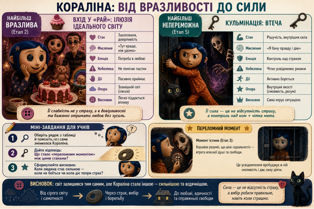 D:\TEACHER\Desktop\ШКОЛА\7 клас\8. СУТНІСТЬ ЛЮДИНИ\НІЛ ГЕЙМАН КОРАЛІНА\2.  Н. Гейман  Кораліна\Публікація\Характеристика Кораліни (вразливість → сила).png